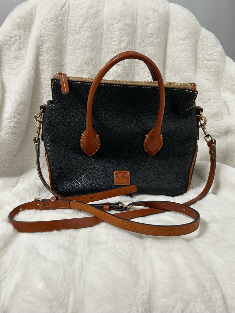 Dooney and Burke Black Pebbled Leather Satchel with Tan Trim